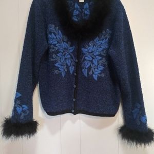 Vintage style Embroidered Coat with Fur Blue/Black